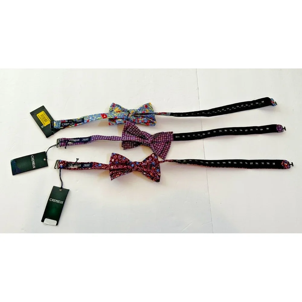 Cremieux Bow Tie Floral Geometric 100% Silk Set of 3 Blue Burgundy Yellow NEW
